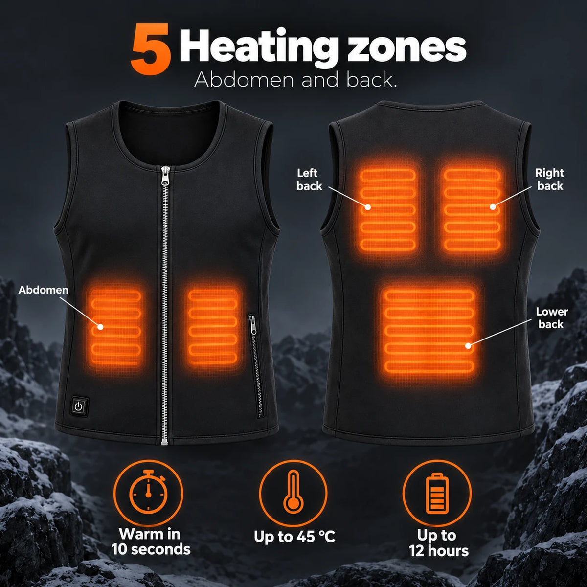 Unisex thin heated vest PyreFit Duvaro: 5 heating zones across the abdomen and back