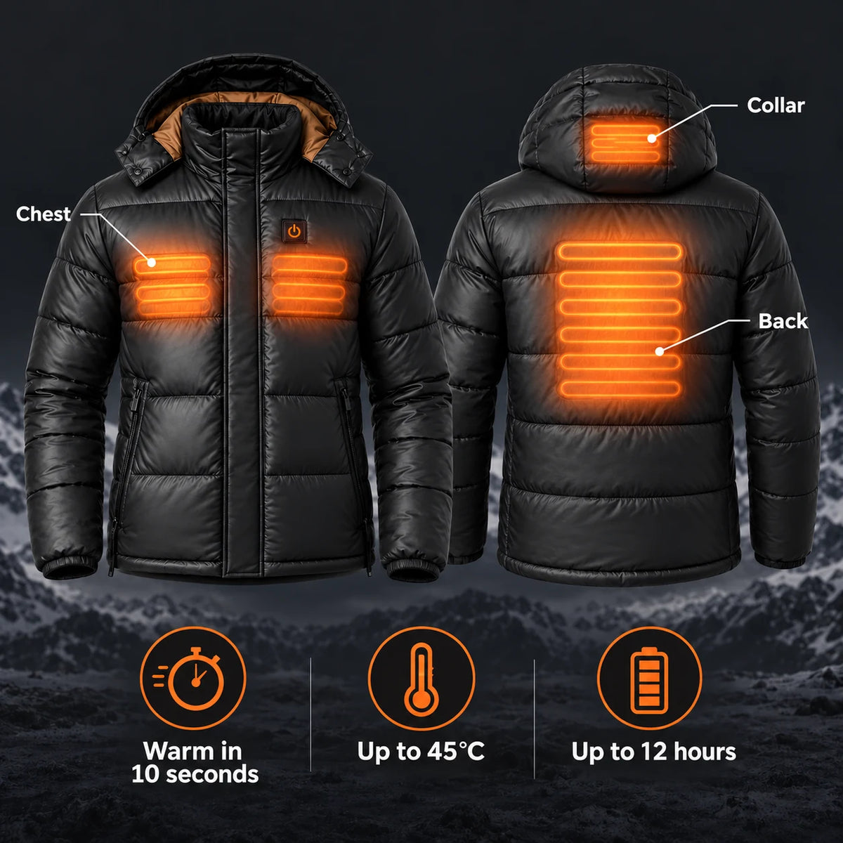 Men's heated puffer jacket PyreFit Norvia: heating zones across the neck, chest and back