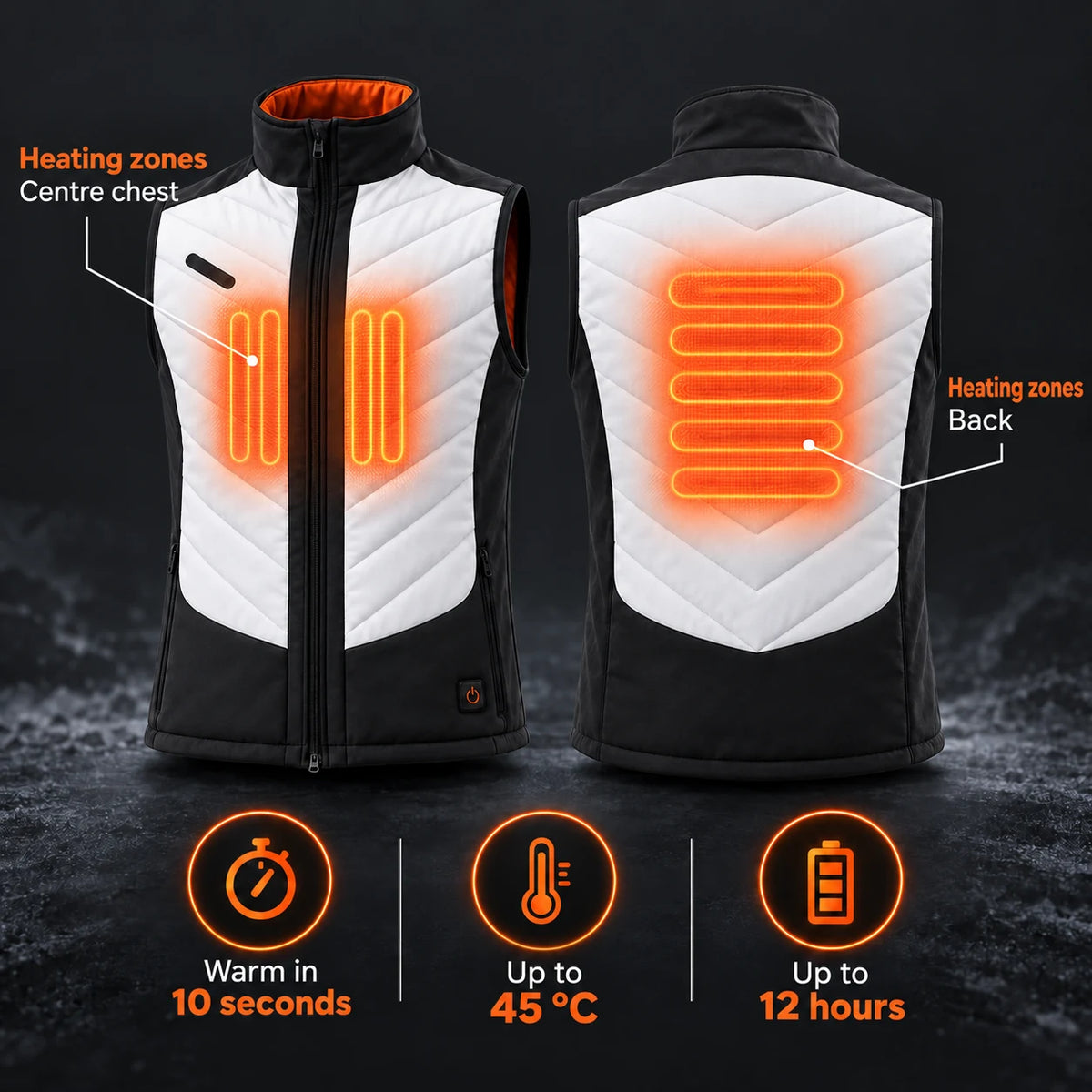 Men's heated sport vest PyreFit Novaro: heating zones across the centre chest and back