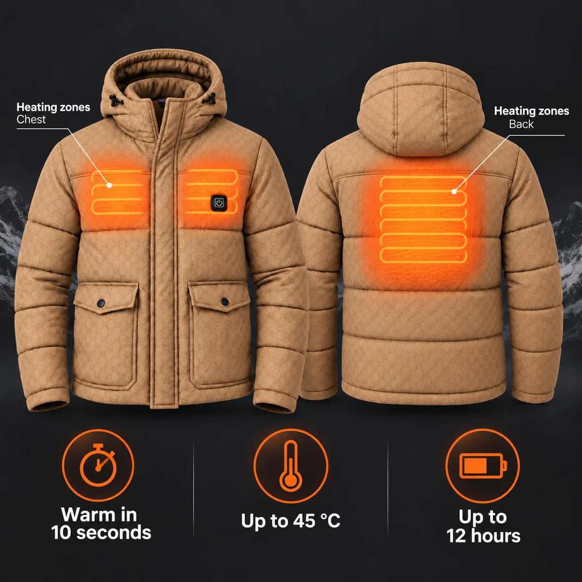 Men's heated puffer jacket PyreFit Orielle: heating zones across the chest and back