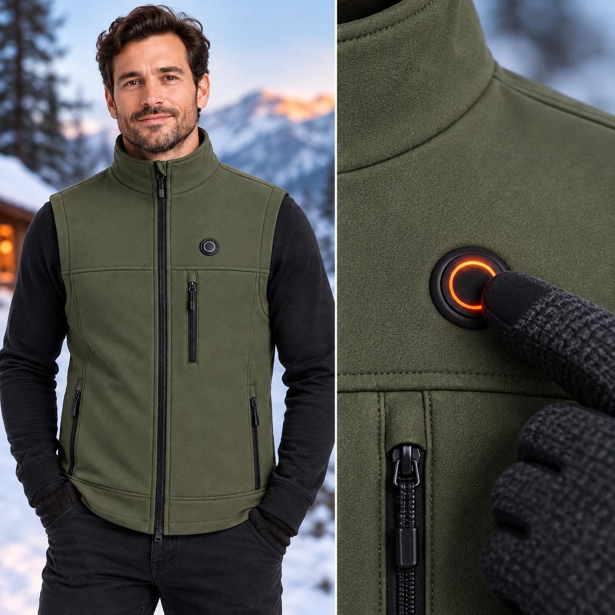 Unisex heated vest PyreFit Allora, control button close-up