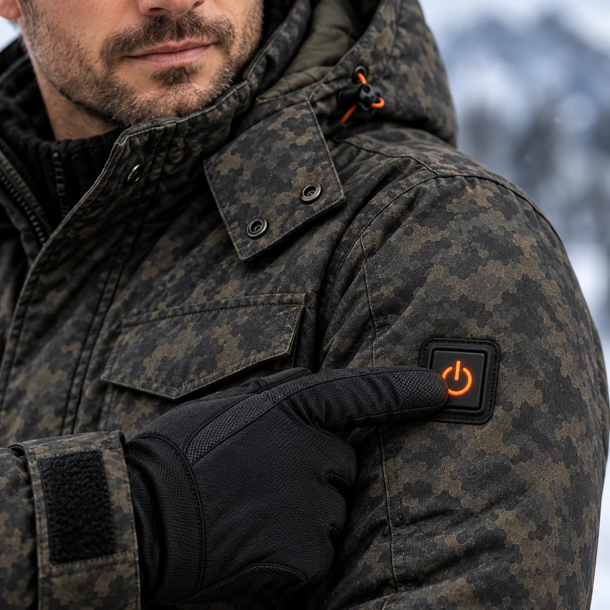 Manteau chauffant camouflage pour homme PyreFit Alpino, gros plan sur le bouton de commande