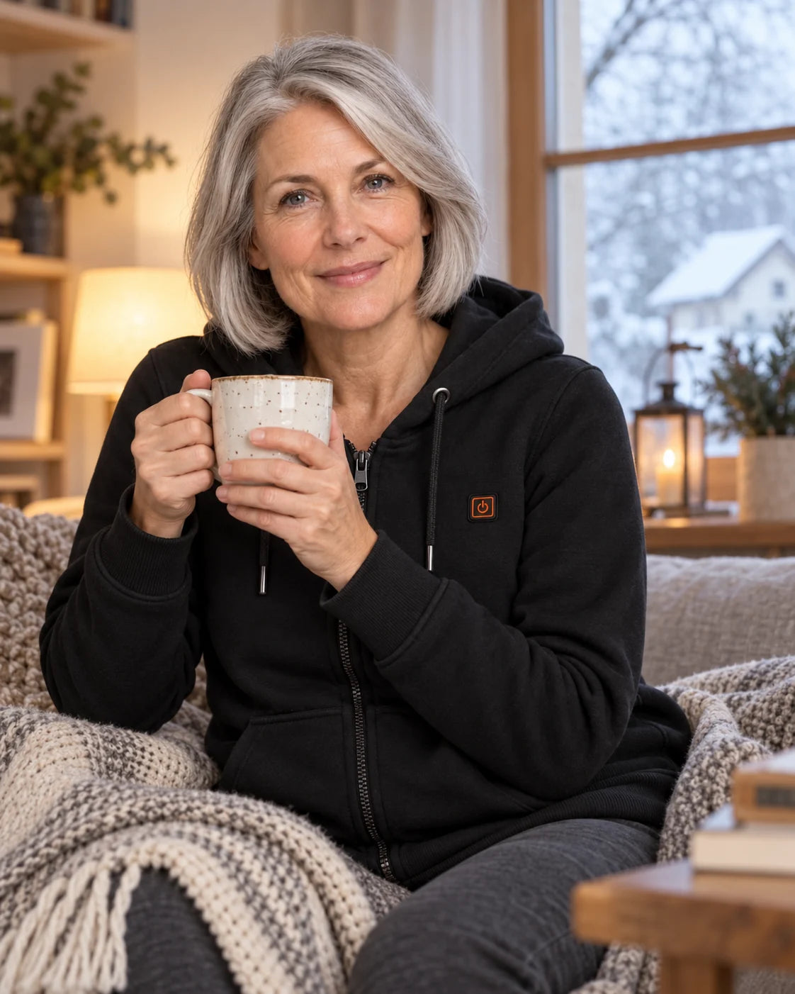 Women's heated zip sweatshirt PyreFit Cosaro on a winter day: at home