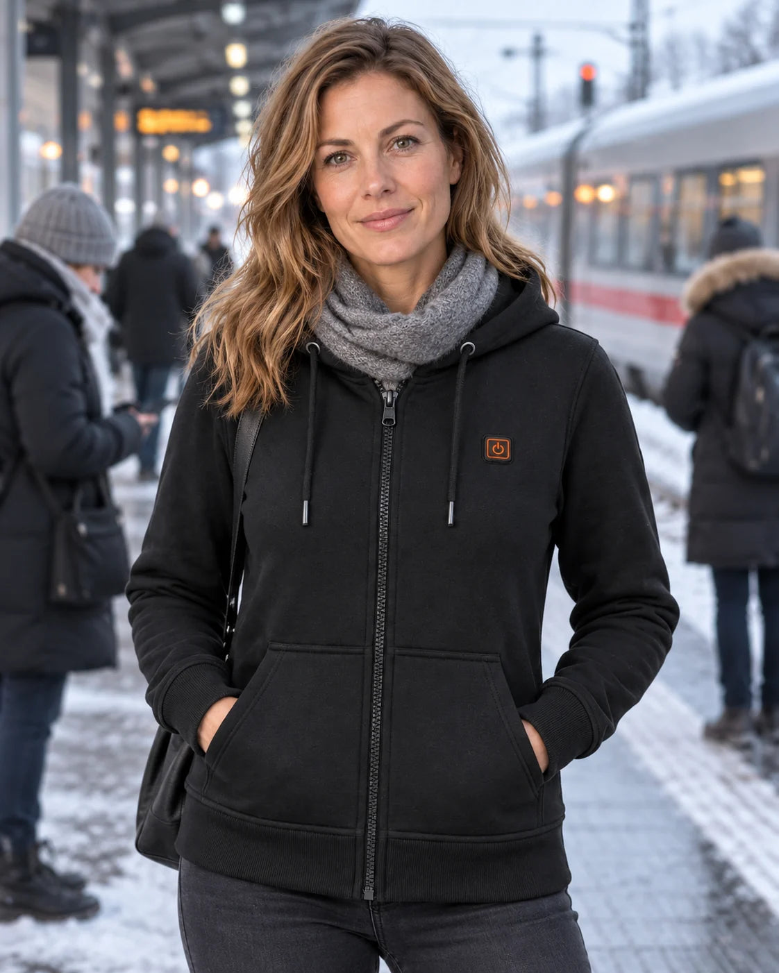 Women's heated zip sweatshirt PyreFit Cosaro on a winter day: on the train platform