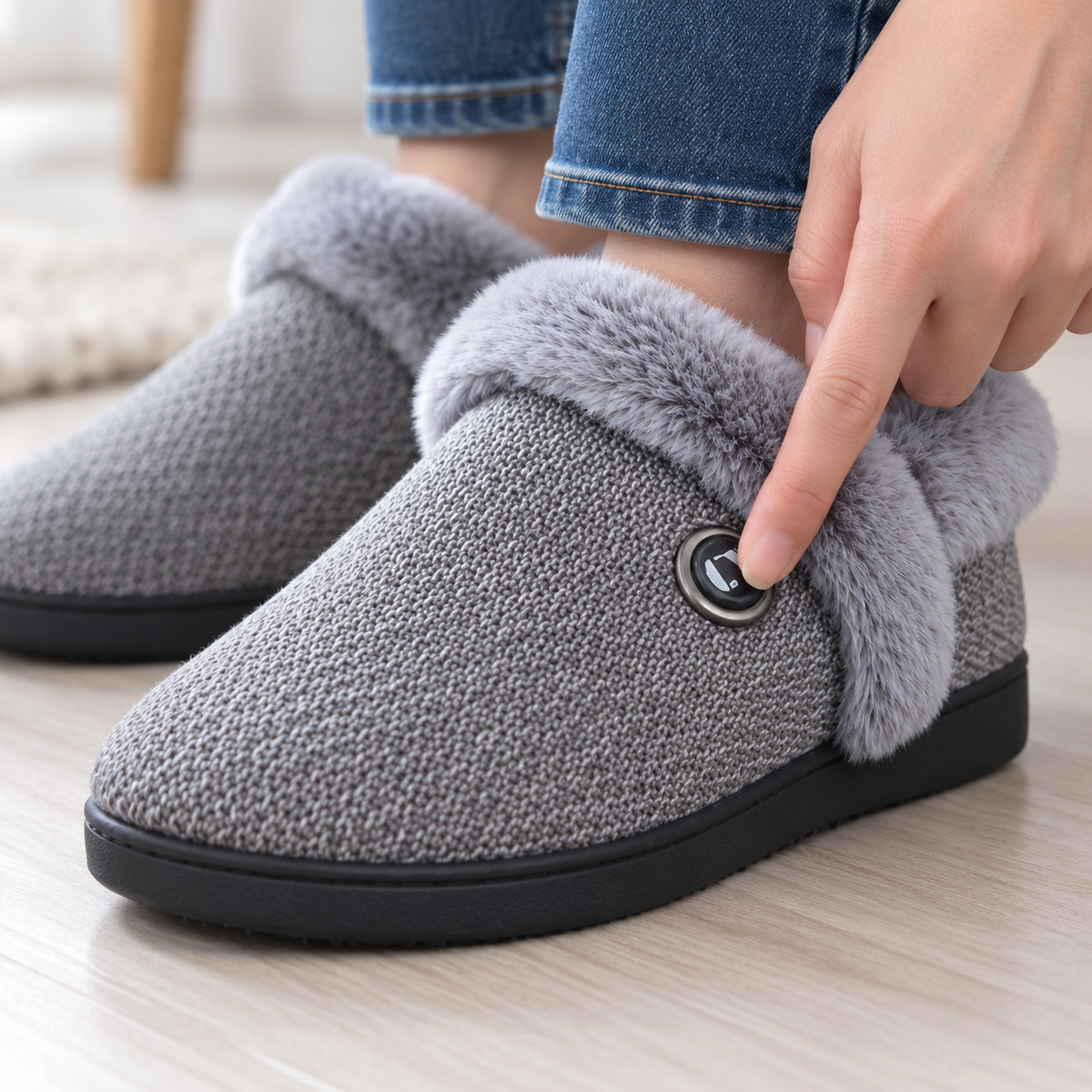 Finger pressing the heat button on the heated slipper, close-up