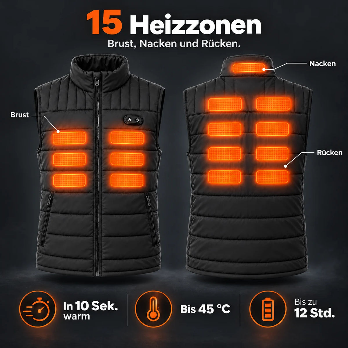 Veste chauffante sans manches unisexe PyreFit Matrixor : 15 zones chauffantes à la poitrine, à la nuque et au dos