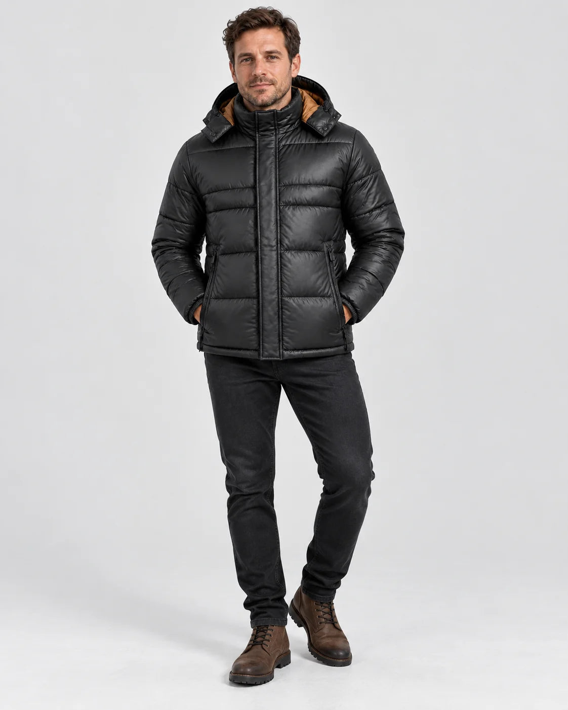 Men's heated puffer jacket PyreFit Norvia, full-length view
