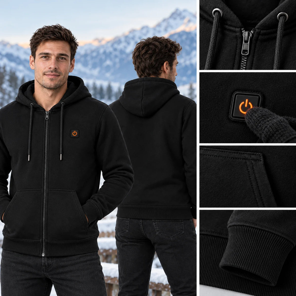 Unisex heated zip hoodie PyreFit Olivora, control button close-up
