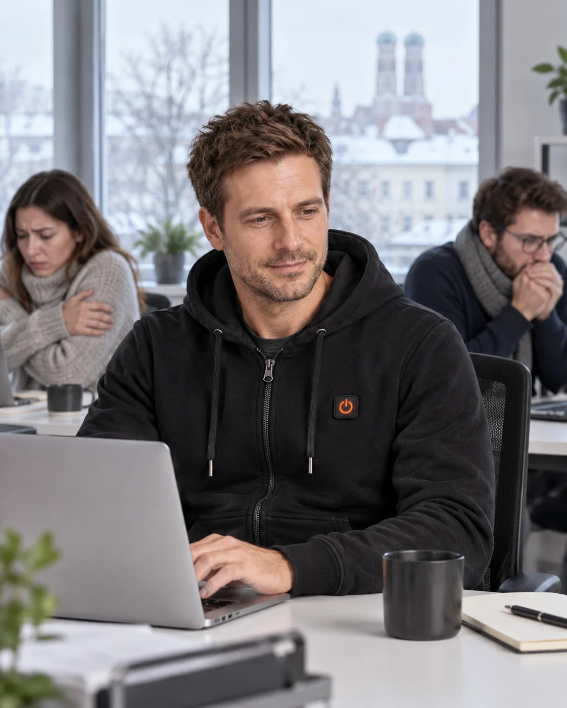 Unisex heated zip hoodie PyreFit Olivora on a winter day: at the office