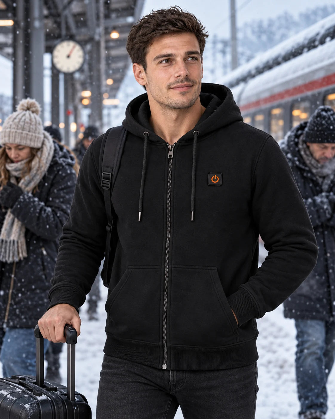 Unisex heated zip hoodie PyreFit Olivora on a winter day: while travelling