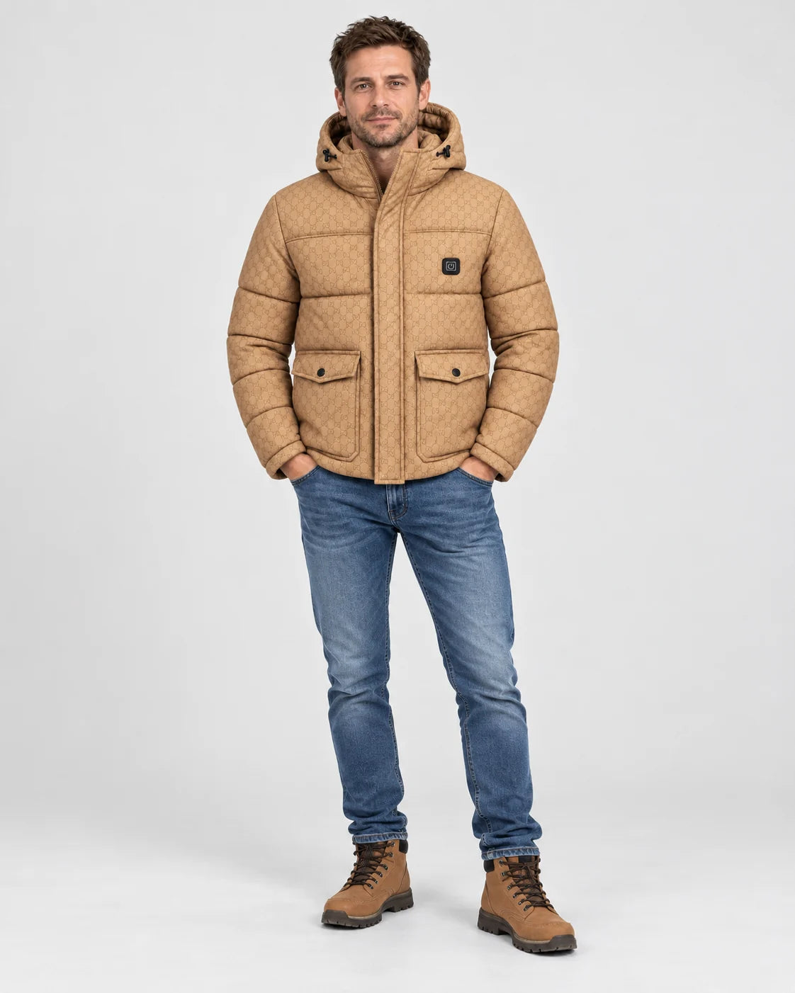 Men's heated puffer jacket PyreFit Orielle, full-length view