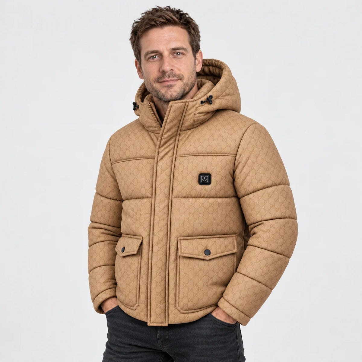 Men's heated puffer jacket PyreFit Orielle, worn, front view