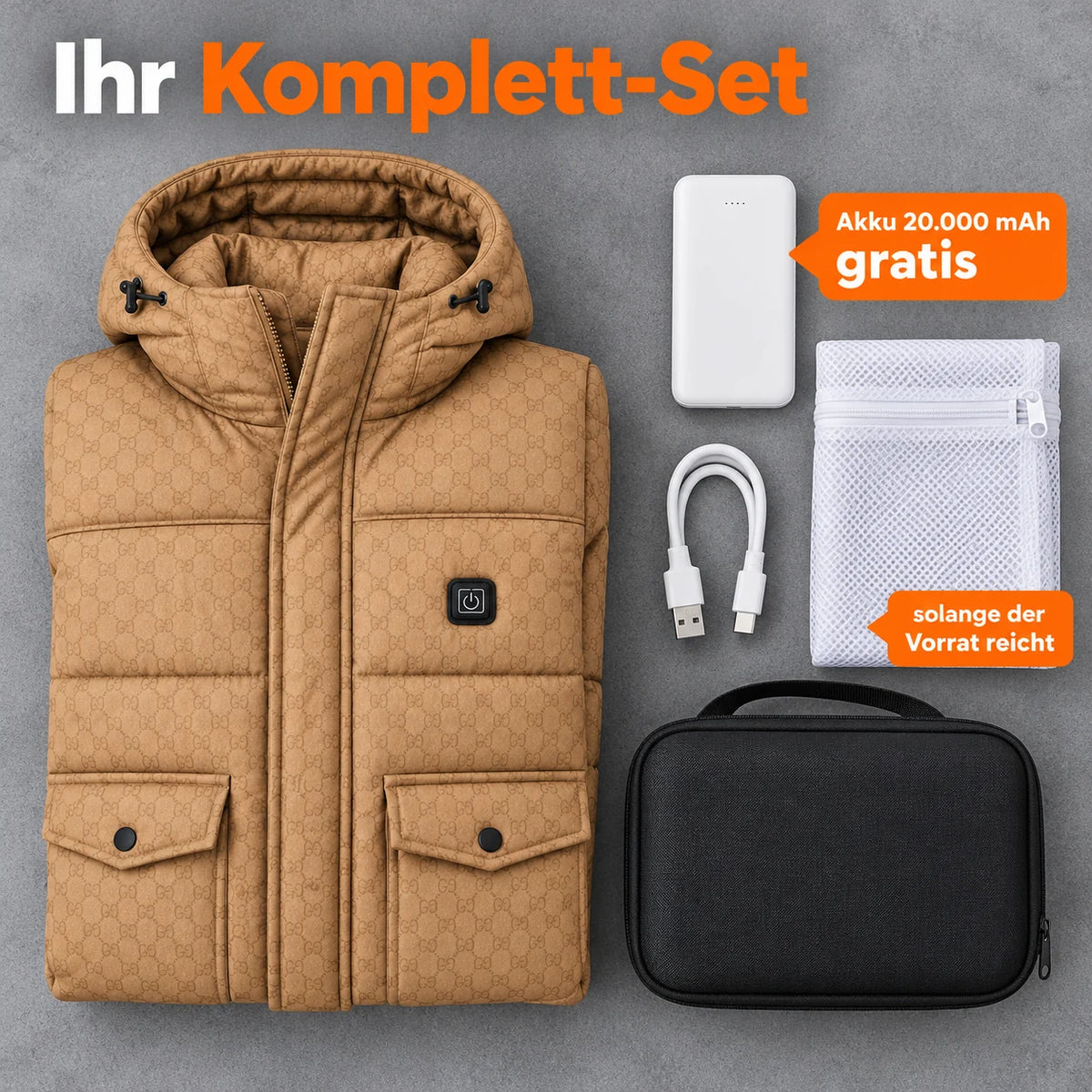 Ensemble complet : Orielle, batterie 20 000 mAh, câble de recharge, sac de lavage et sac de rangement