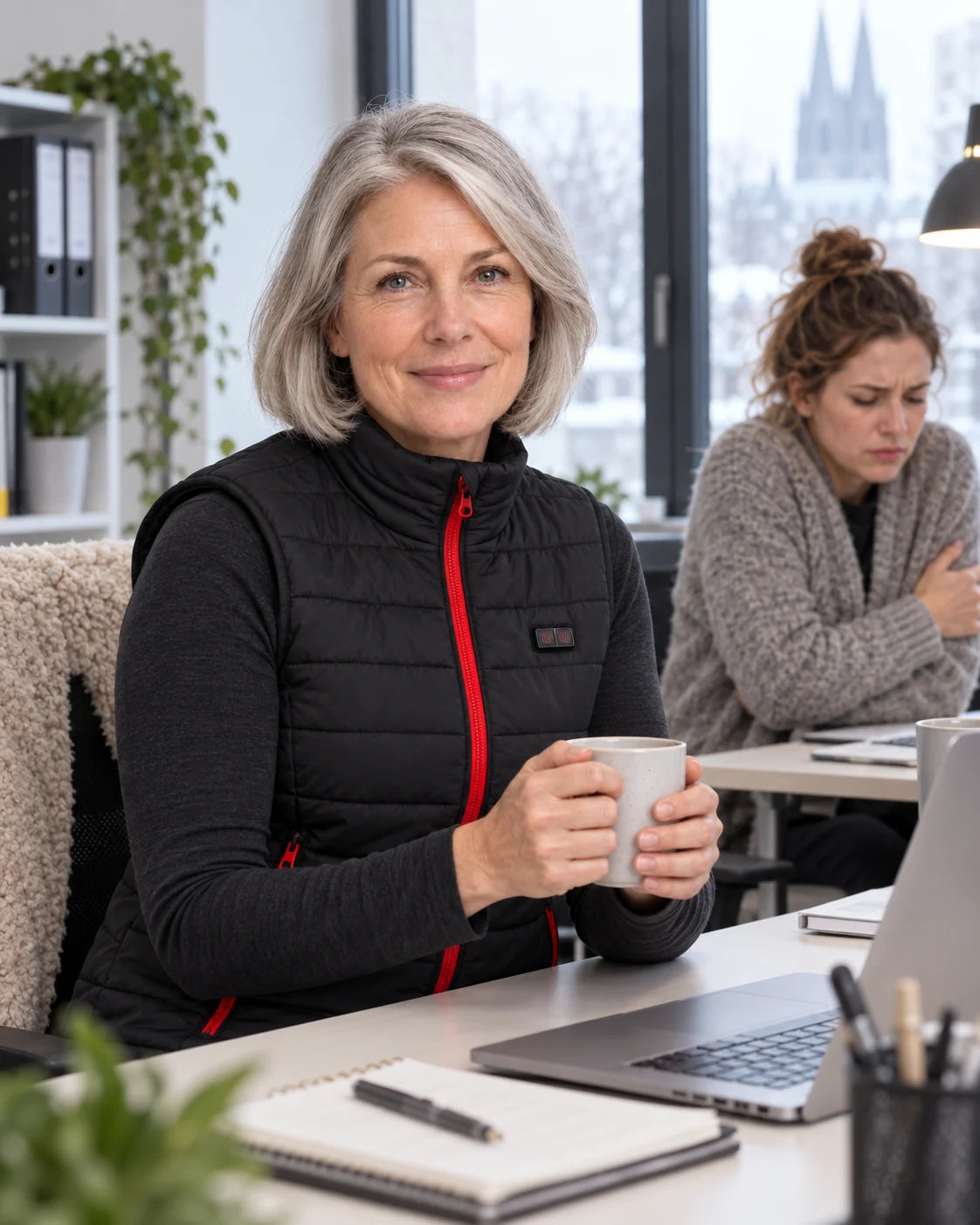 Women's heated vest PyreFit Silvaia on a winter day: at the office