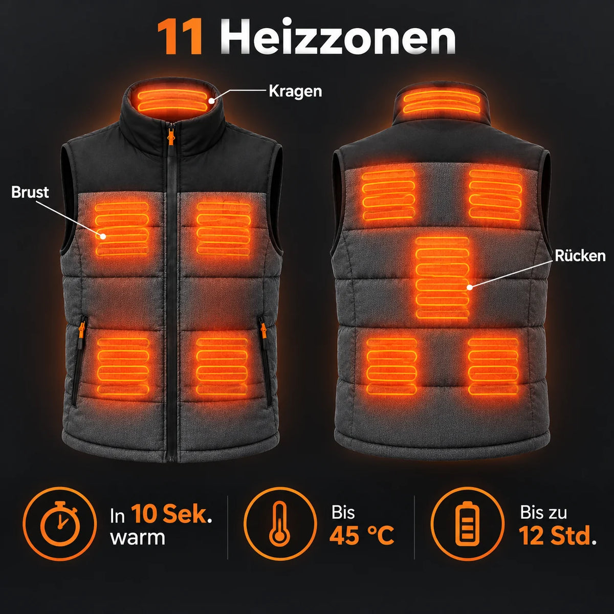 Veste chauffante sans manches unisexe PyreFit Trailon : 11 zones chauffantes à la poitrine, au dos et au col