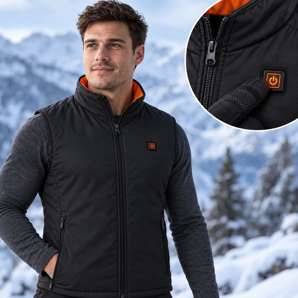 Veste chauffante sans manches sport pour homme PyreFit Ventaro, gros plan sur le bouton de commande