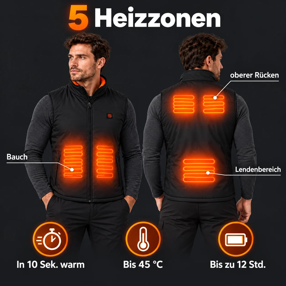 Veste chauffante sans manches sport pour homme PyreFit Ventaro : 5 zones chauffantes au ventre, au haut du dos et au bas du dos