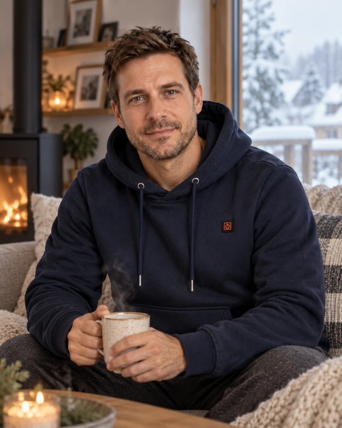 Men's heated hoodie PyreFit Zippa on a winter day: at home