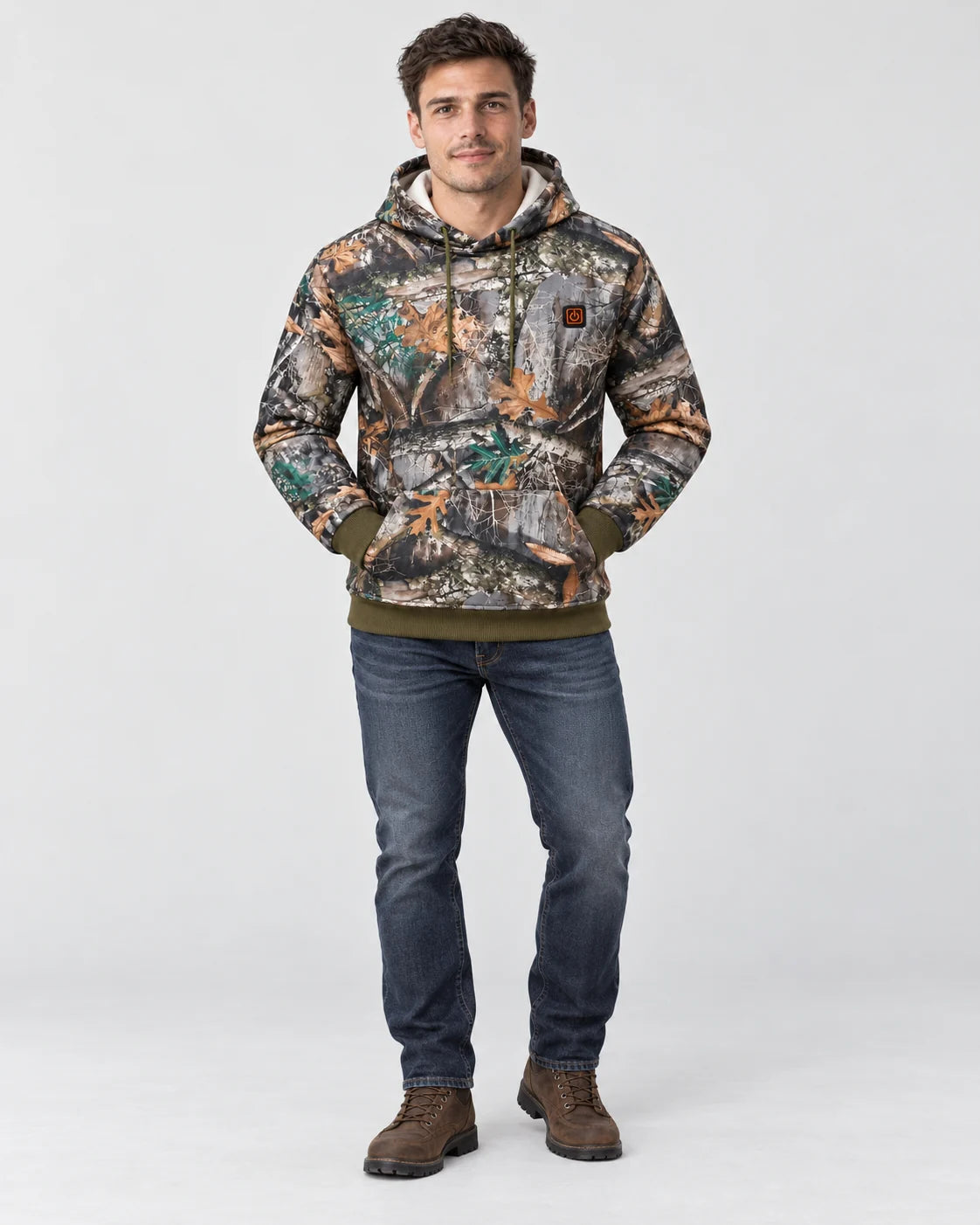 Heated forest camo hoodie PyreFit Zippo, full-length view