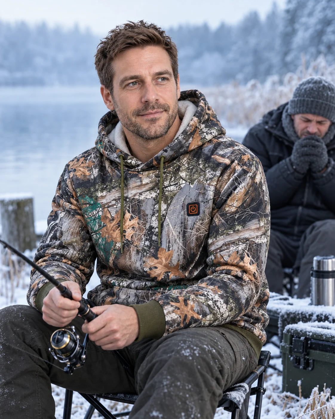 Heated forest camo hoodie PyreFit Zippo on a winter day: fishing