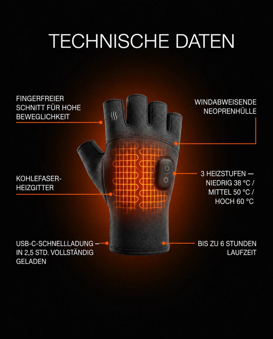 Infographie sur la conception et les fonctions des gants chauffants sans doigts