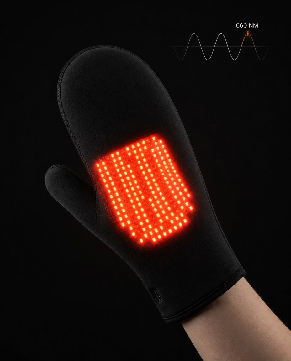 Red light warming gloves – open glove showing the LED panel