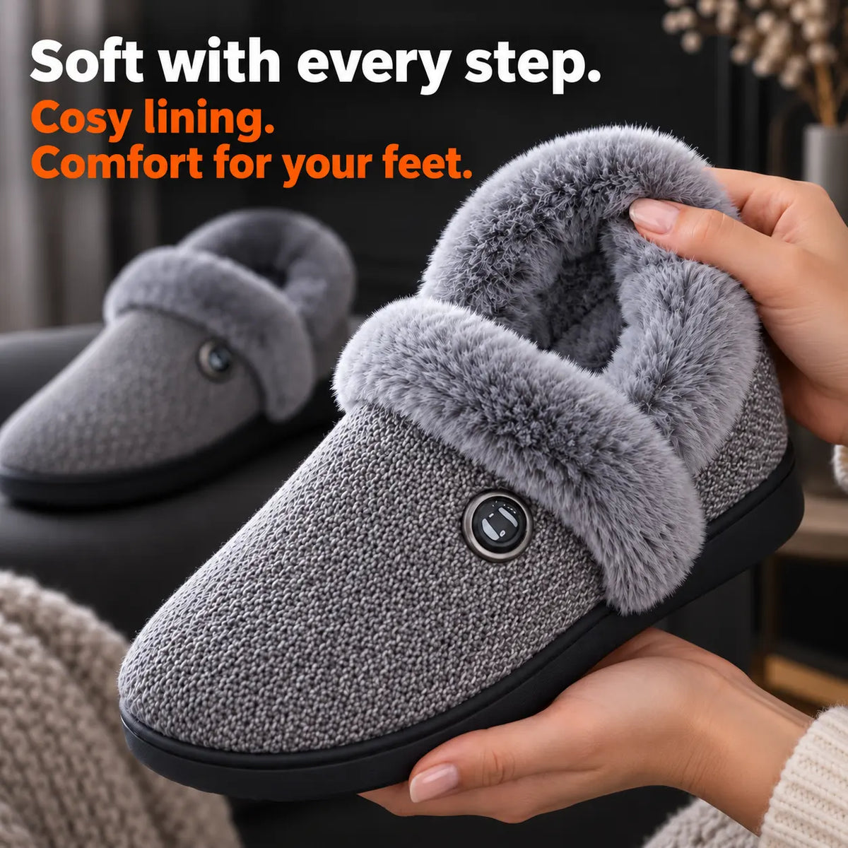 Hand showing the soft plush lining of the heated slippers