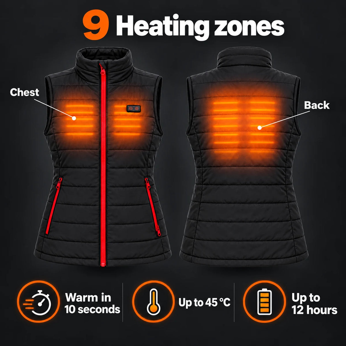 Women's heated vest PyreFit Silvaia: 9 heating zones across the chest and back