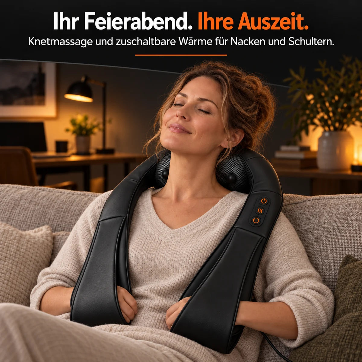 Shiatsu neck massager in Black: a massage break on the sofa after work