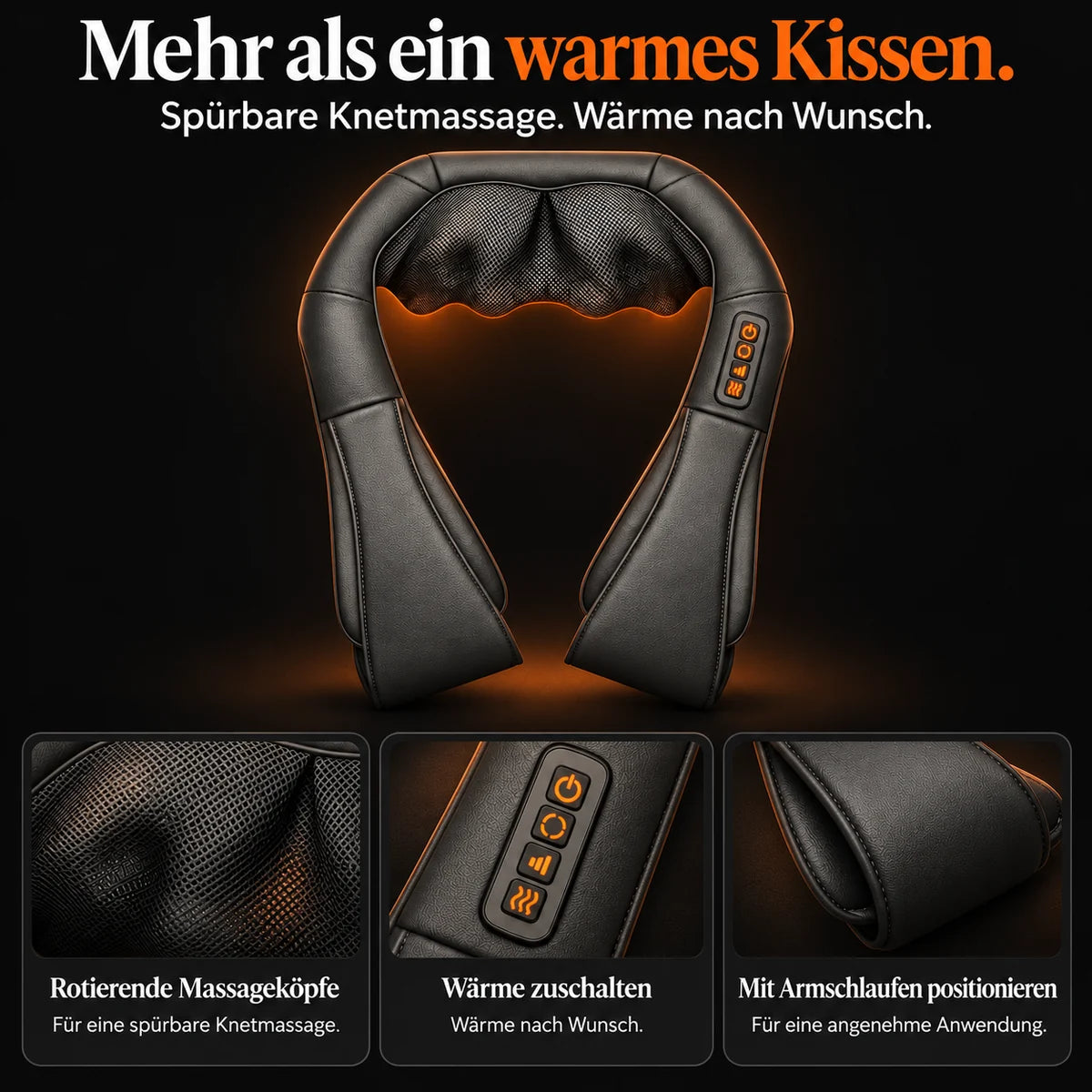 Shiatsu neck massager in Grey: massage heads, control buttons and arm loops at a glance
