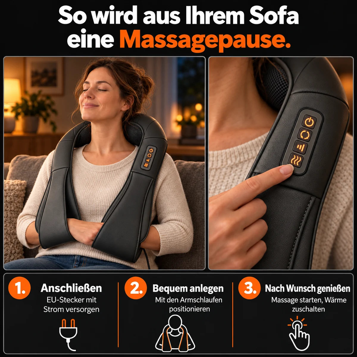 Shiatsu neck massager in Grey: plug in, put on and choose massage with heat