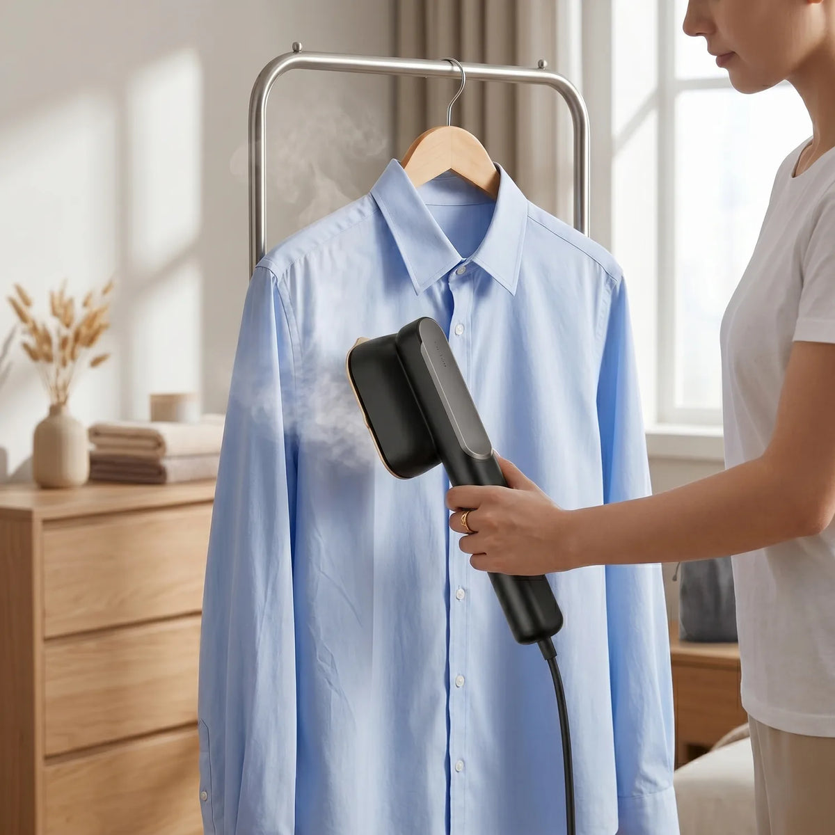 Wrinkle-free clothes in minutes — no ironing board needed
