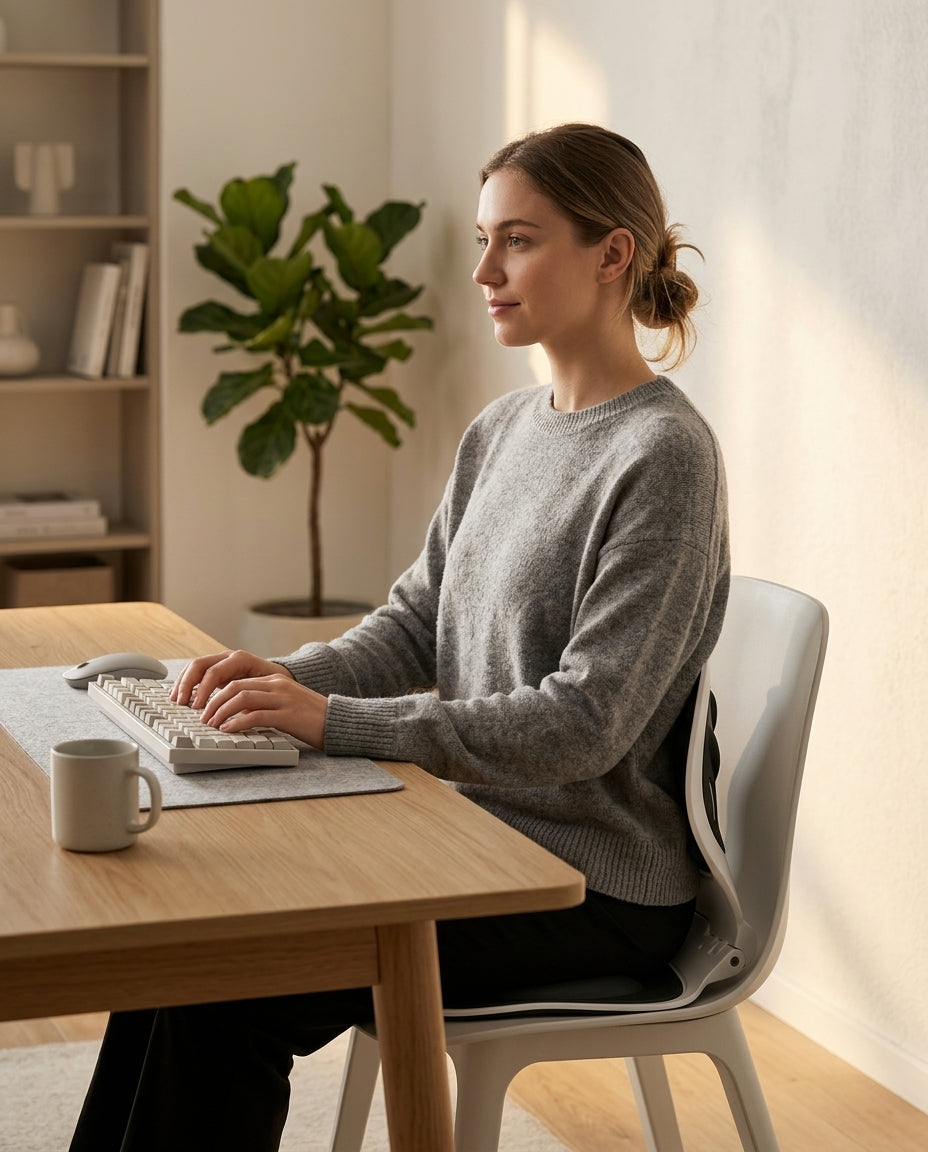 Woman sitting with upright posture at an office desk