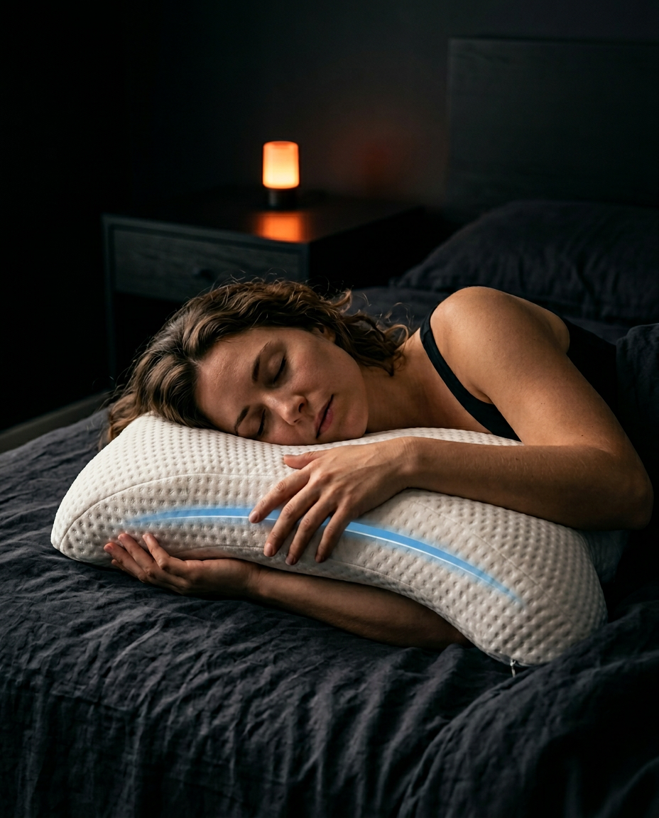 Woman sleeping on her side on a U-shaped cooling cuddle pillow in a dim bedroom