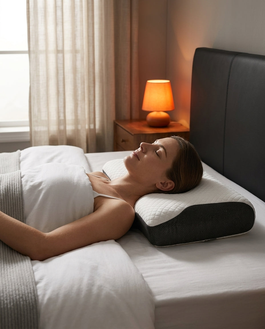 A person resting comfortably in a calm bedroom with a supportive pillow