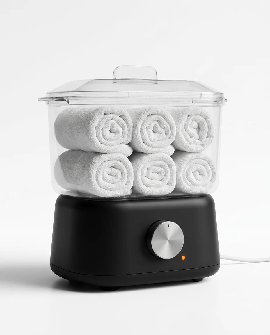 A compact towel warmer on a bathroom counter with a rolled towel ready to use