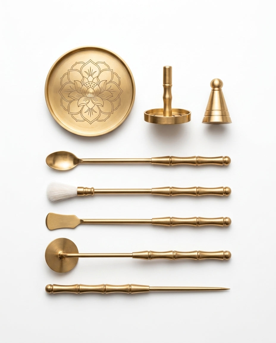 Ensemble d'outils à encens en laiton – accessoires rituels pour encens en poudre et en cônes – image du produit 1