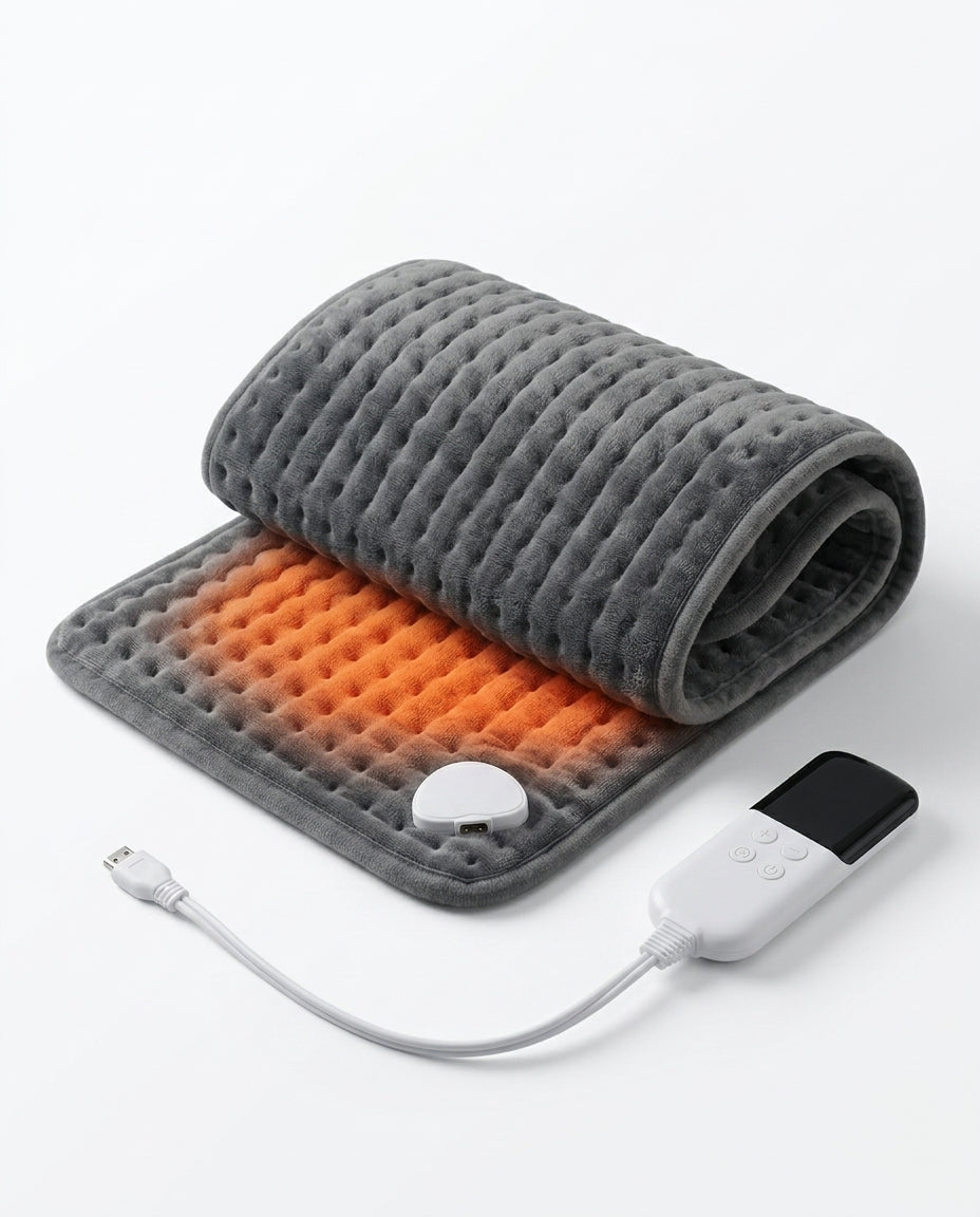 Coussin chauffant électrique gris avec régulateur sur le câble, vue du produit