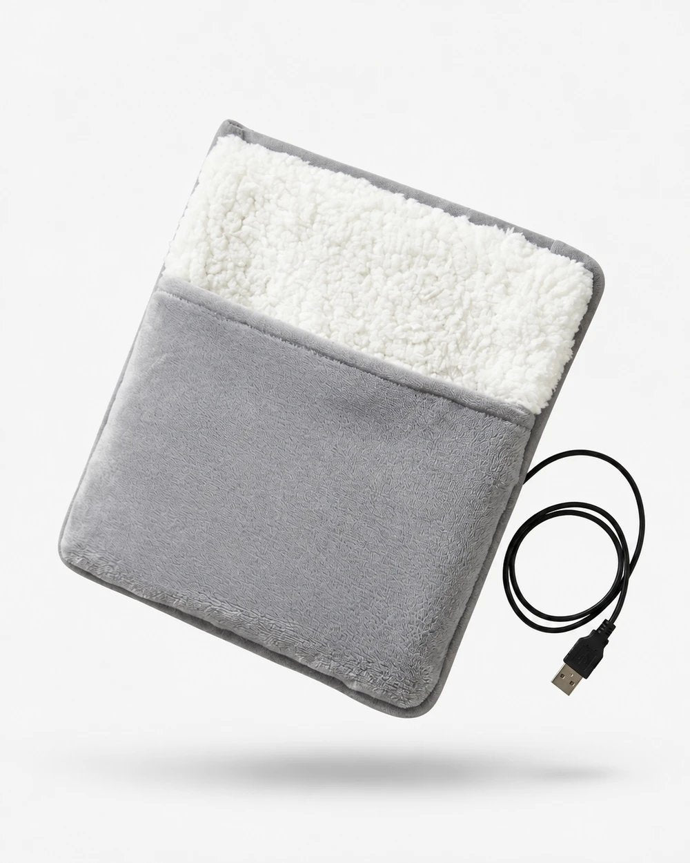 USB foot warmer with sherpa lining by PyreFit in grey, with USB cable