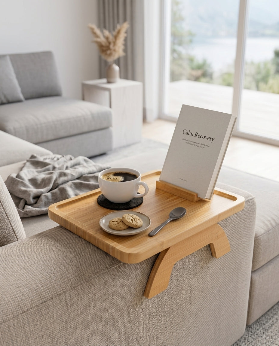 Plateau d'accoudoir pour sofa avec support de cellulaire pivotant – le confort mains libres au salon – image du produit 2