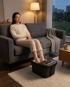 Foldable foot spa with massage rollers – woman in an armchair with her feet in the basin