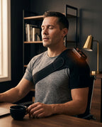 Man wearing the heated shoulder wrap on one shoulder