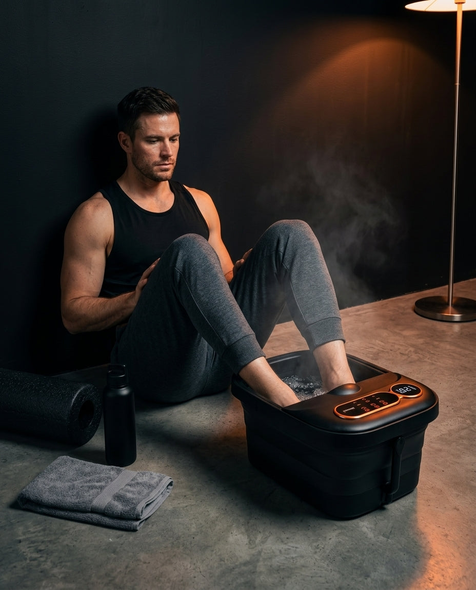 Bain de pieds pliable avec rouleaux de massage – sportif assis utilisant le bain de pieds
