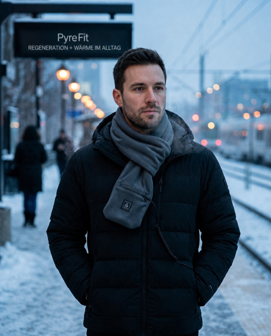 Homme portant le foulard chauffant USB bleu à l'extérieur
