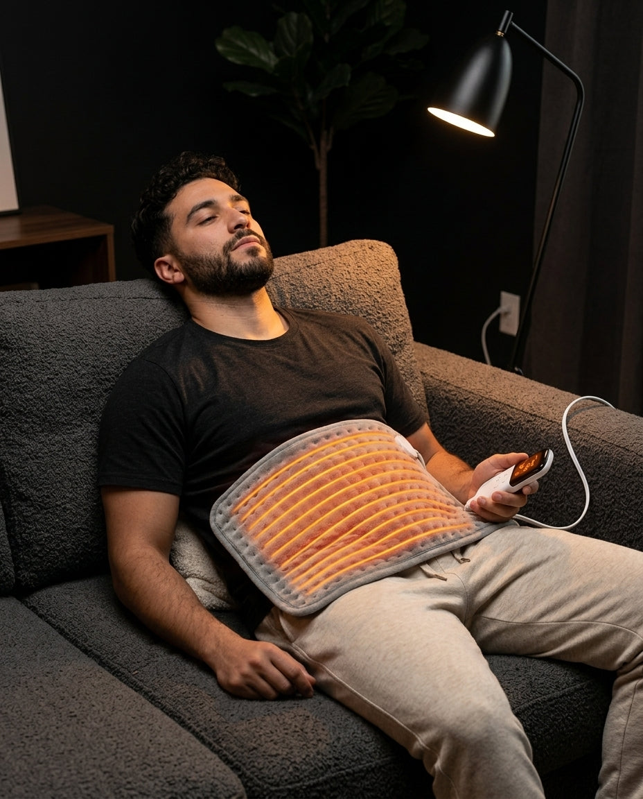 Homme utilisant le coussin chauffant électrique sur le ventre en soirée