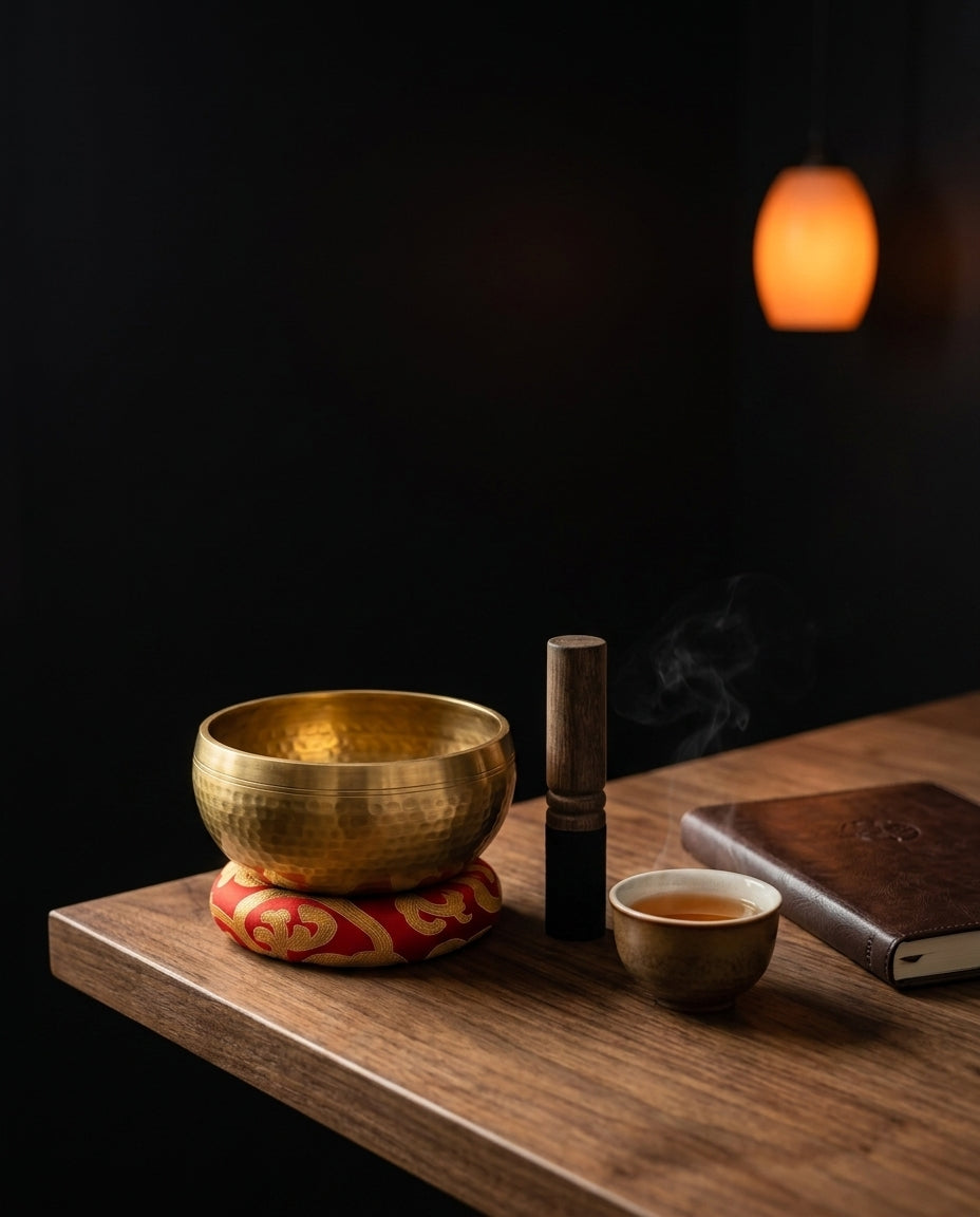 Handcrafted Copper Singing Bowl with Mallet and Cushion – for Meditation – product image 3
