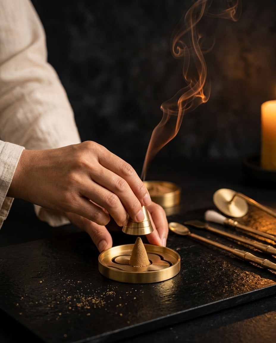 Ensemble d'outils à encens en laiton – accessoires rituels pour encens en poudre et en cônes – image du produit 3