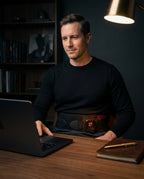 Cordless heated massage belt – man wearing the belt at his desk