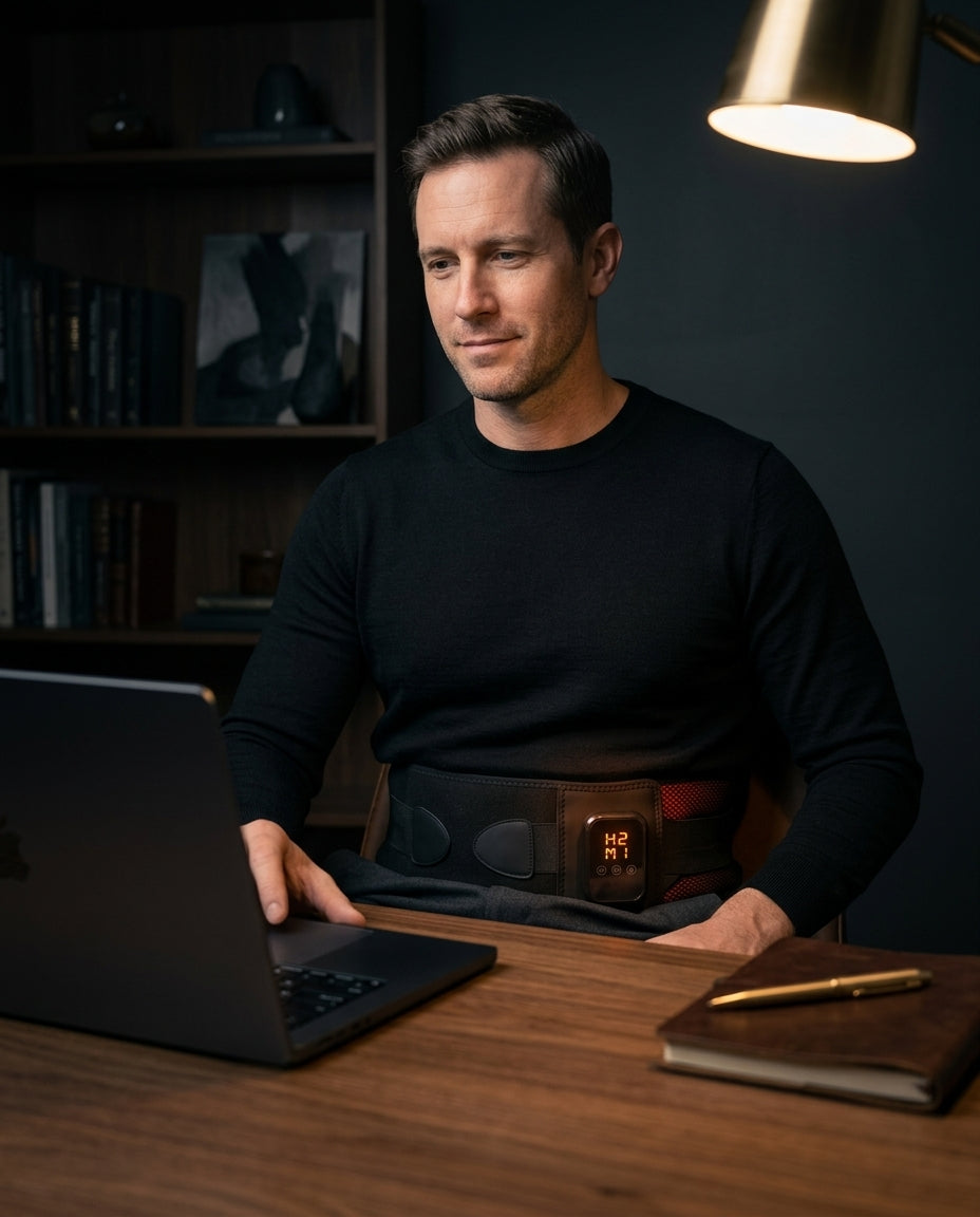 Ceinture chauffante de massage sans fil – homme portant la ceinture à son bureau