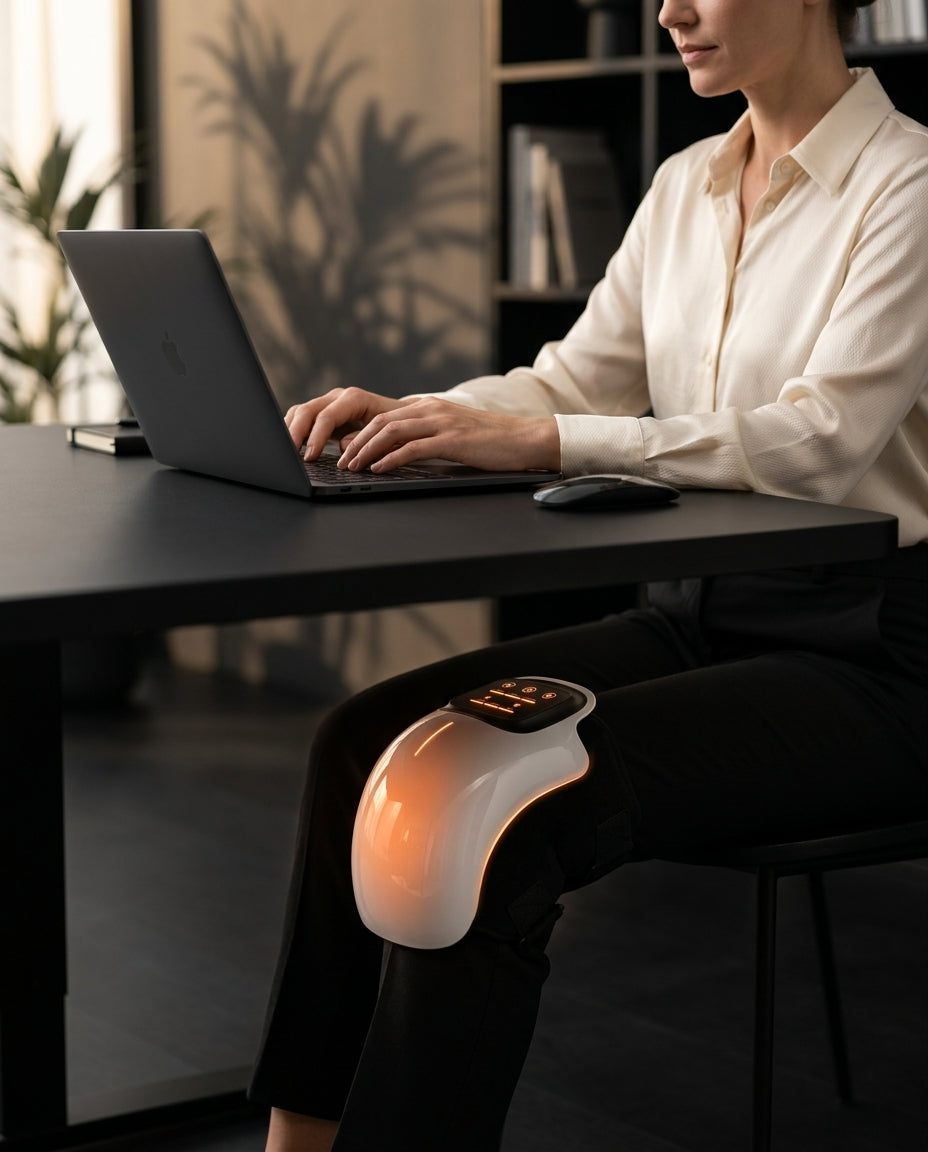Knee massager with heat – person at a desk using the device on the knee